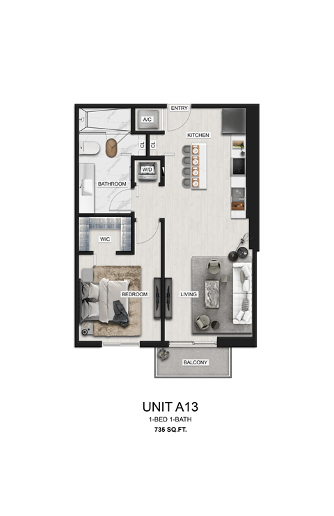 Floor plan for 1 bed, 1 bath, 735 sqft
